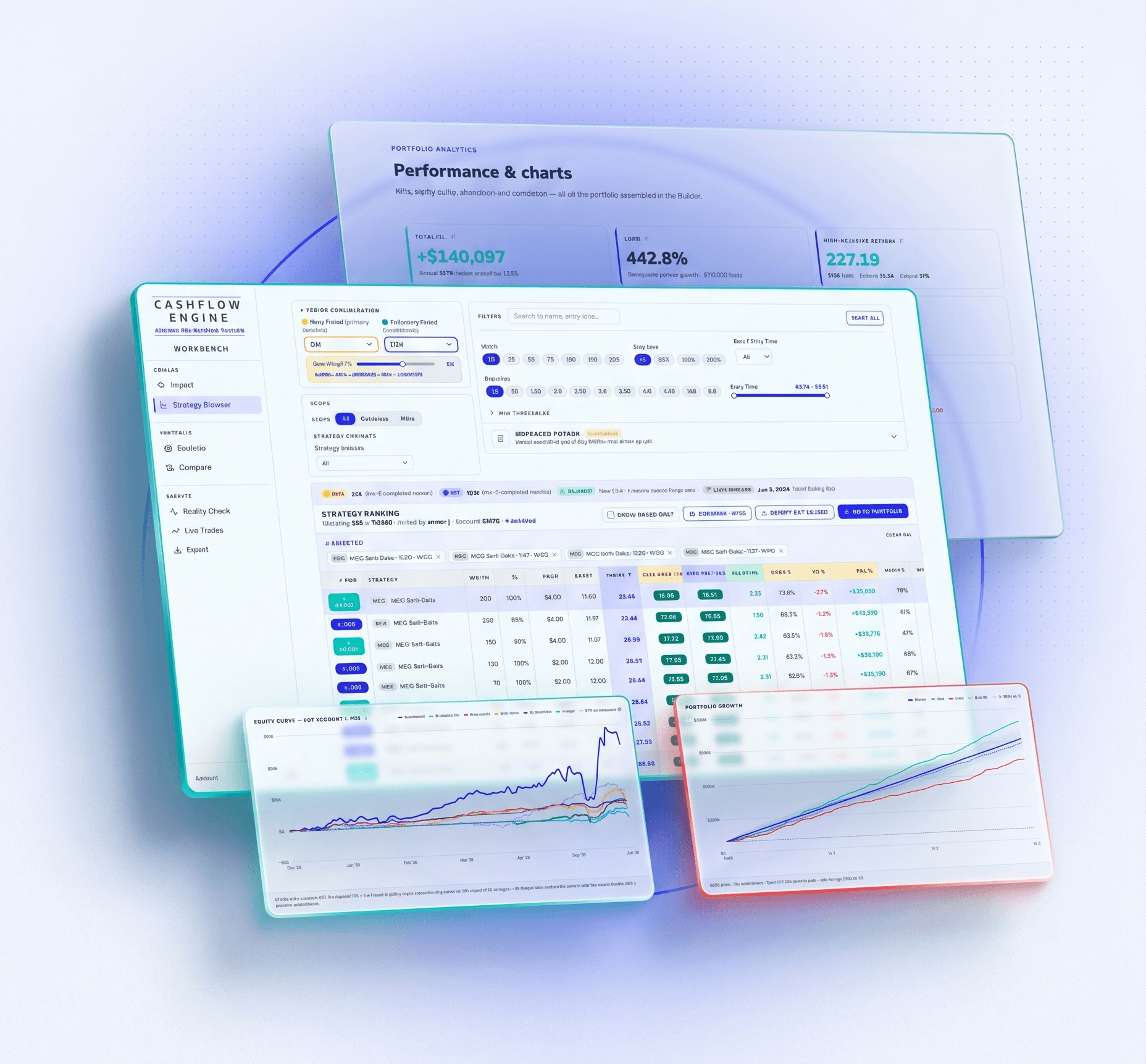 M3 Engine — strategy browser, analytics and Monte Carlo charts